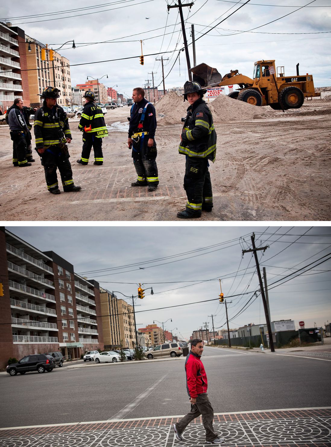 [Top] Fire fighters walk the streets of Long beach, which experienced heavy flooding and dune erosion due to Hurricane Sand October 31, 2012 in Long Beach, New York. [Bottom] A man crosses the street in Long Beach, New York Octobter 22, 2013.